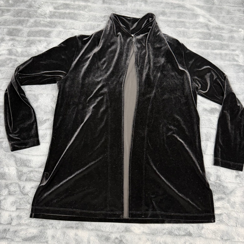 Vintage Chicos Design Black Velvet Open Front Cardigan Mock Neck Size 2 L